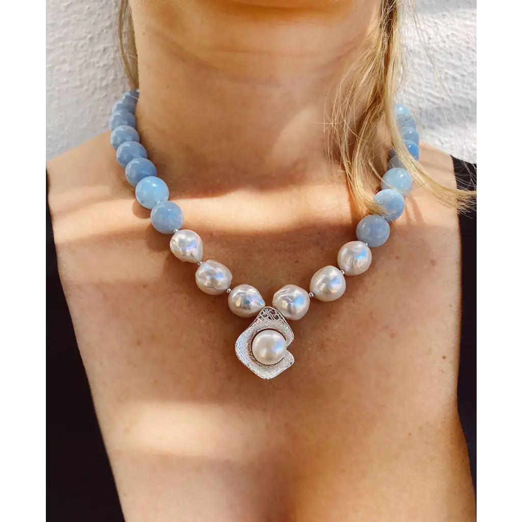 Aquamarine Pearls and silver necklace Classic necklace Blue
