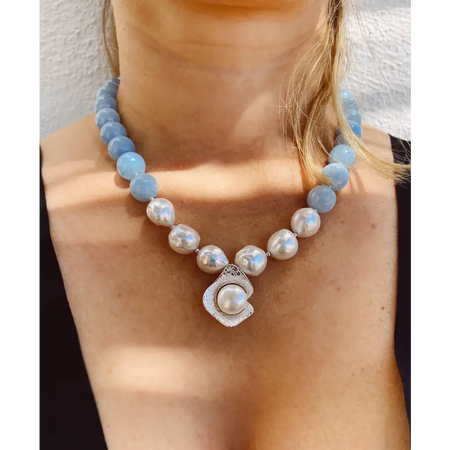 Aquamarine Pearls and silver necklace Classic necklace Blue