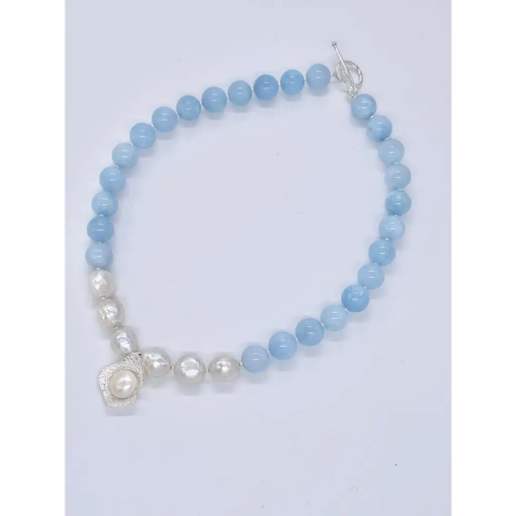 Aquamarine Pearls and silver necklace Classic necklace Blue