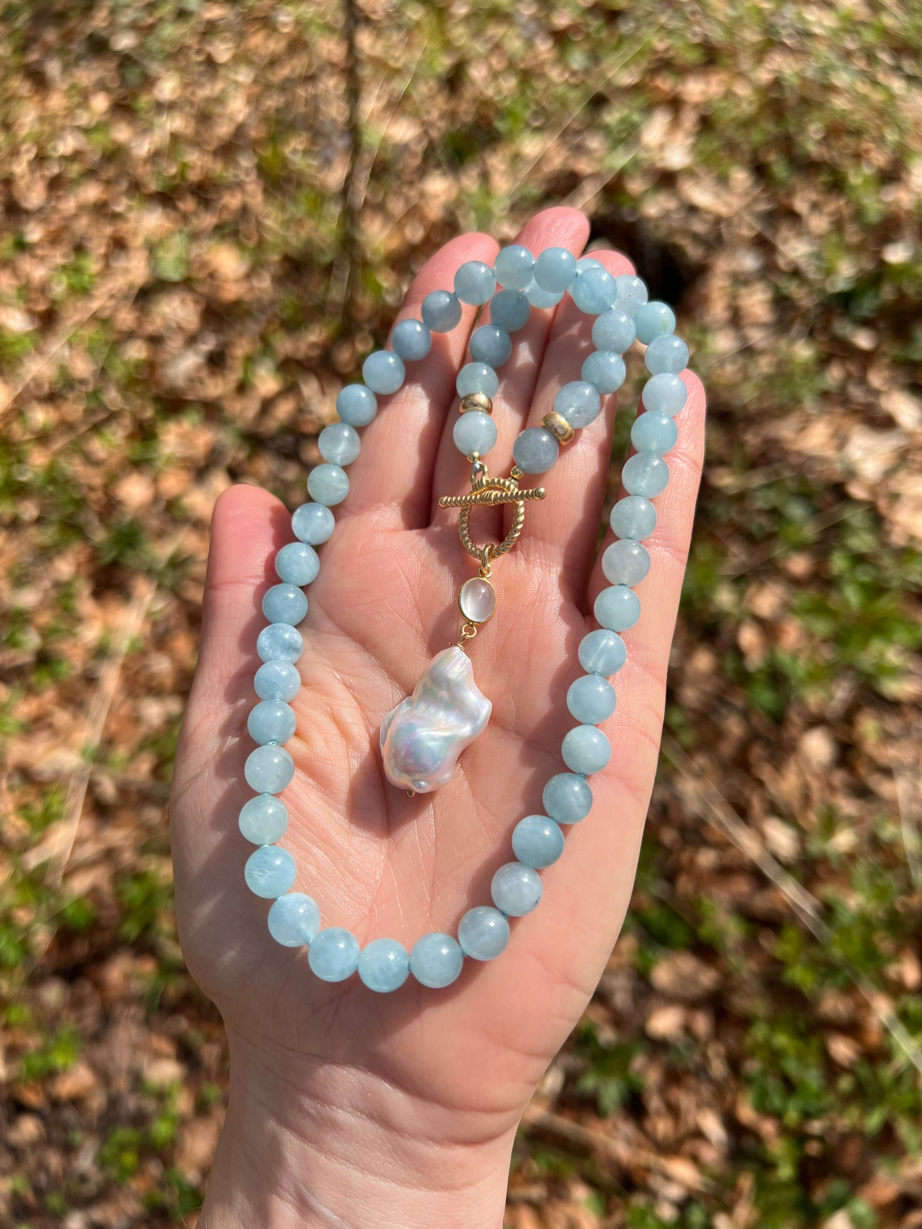 Aquamarine Toggle Necklace With Baroque Pearl Charm Beaded