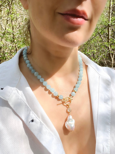 Aquamarine Toggle Necklace With Baroque Pearl Charm Beaded