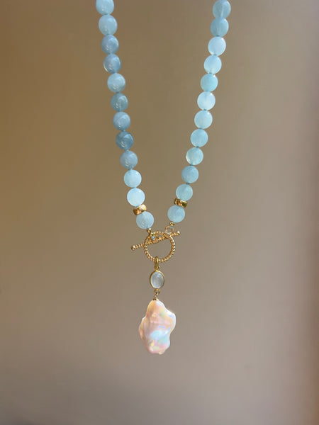 Aquamarine Toggle Necklace With Baroque Pearl Charm Beaded