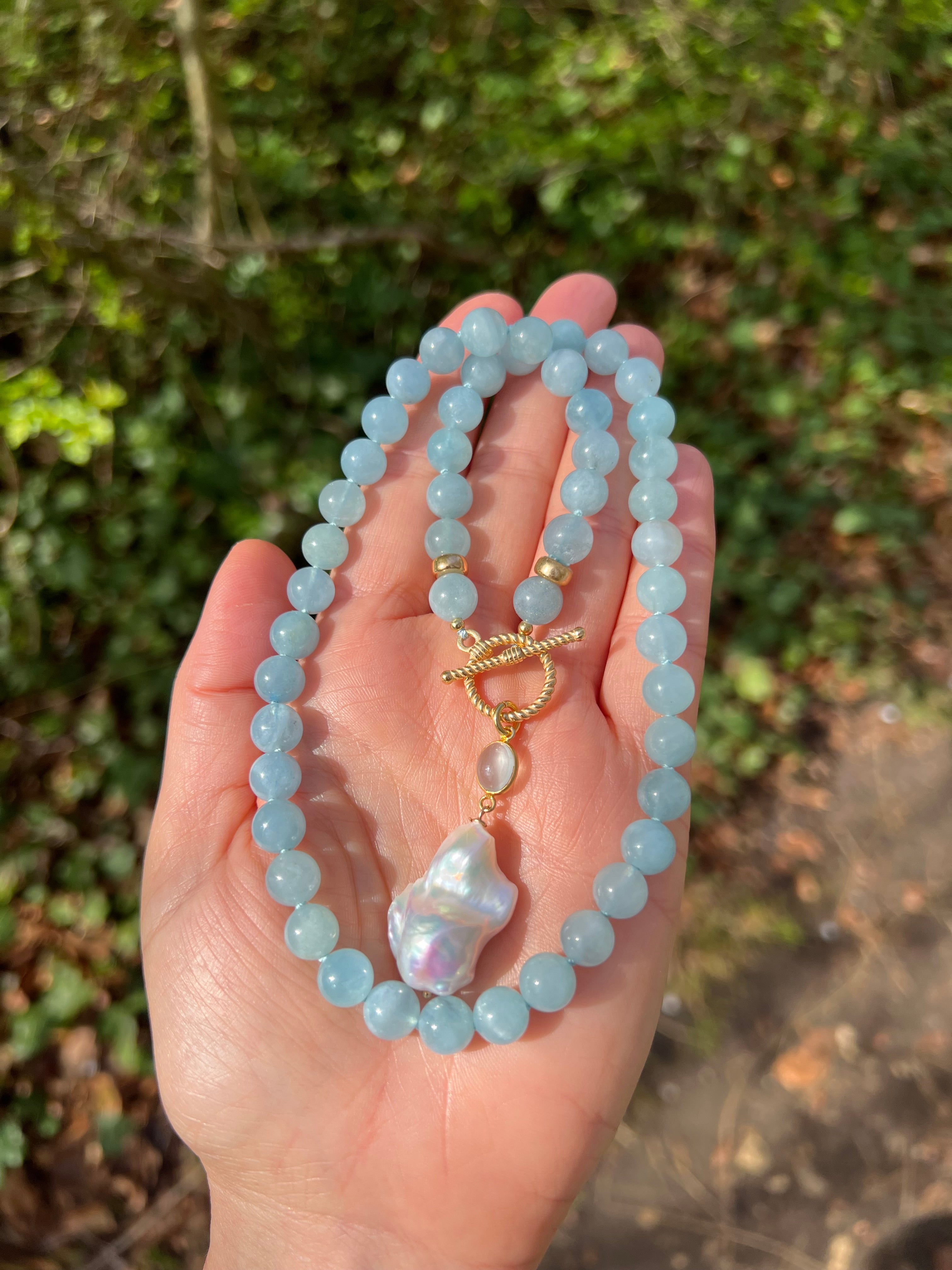 Aquamarine Toggle Necklace With Baroque Pearl Charm Beaded