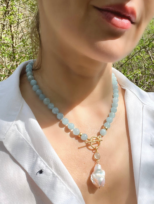Aquamarine Toggle Necklace With Baroque Pearl Charm Beaded