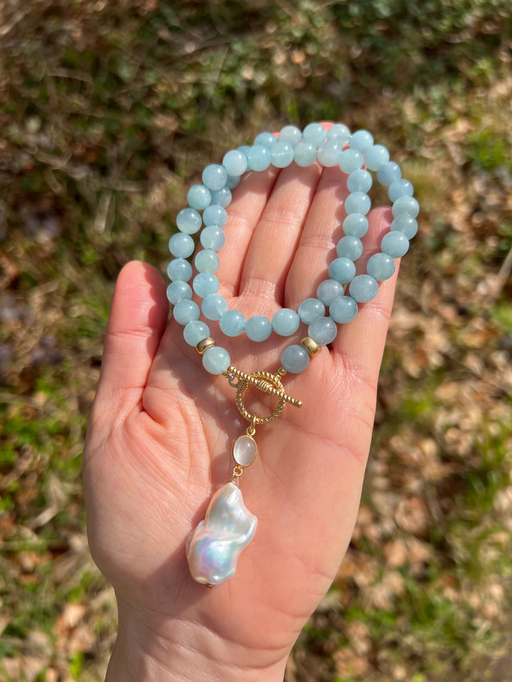 Aquamarine Toggle Necklace With Baroque Pearl Charm Beaded
