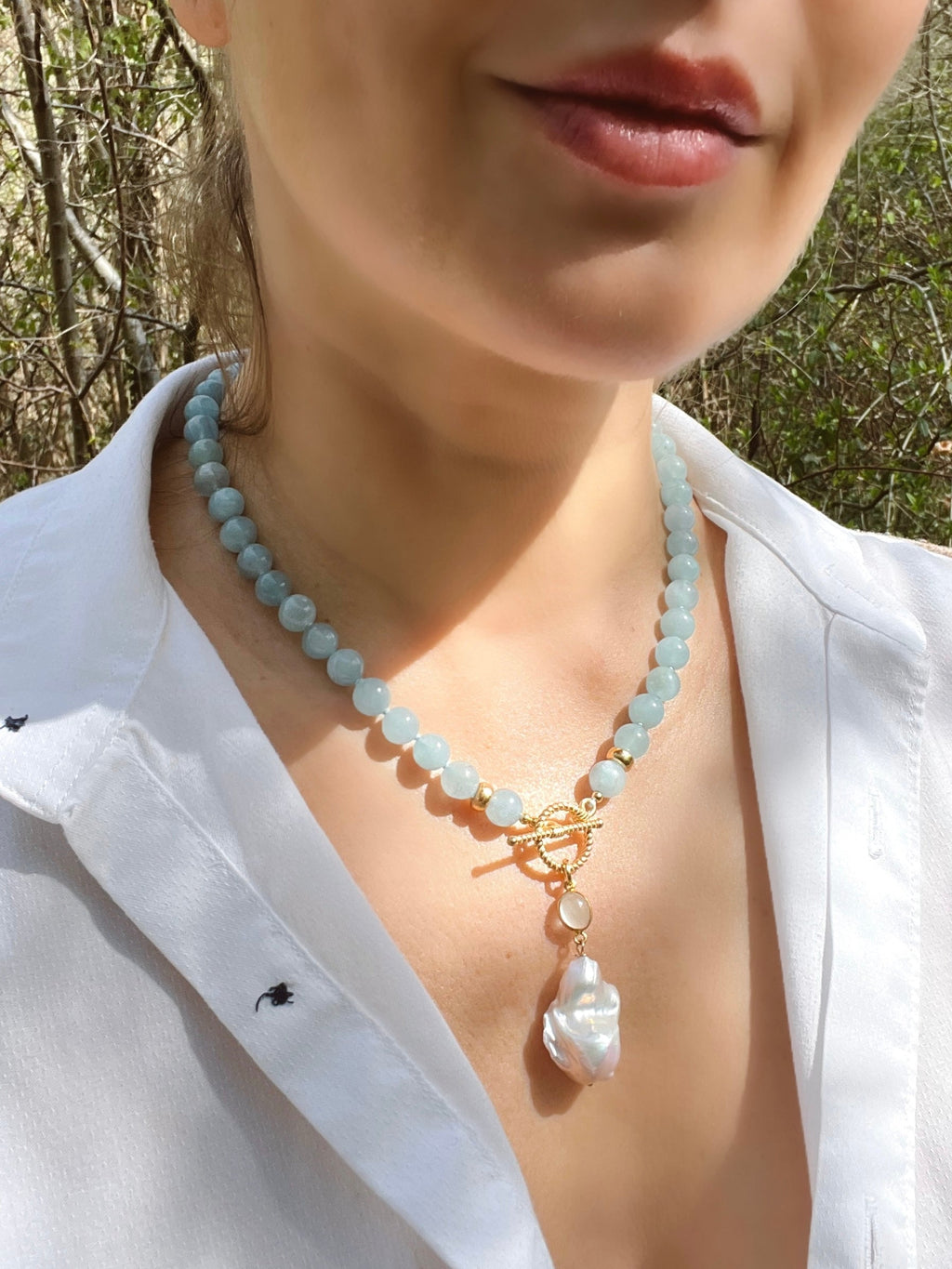 Aquamarine Toggle Necklace With Baroque Pearl Charm Beaded