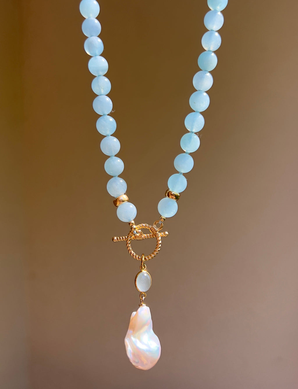 Aquamarine Toggle Necklace With Baroque Pearl Charm Beaded