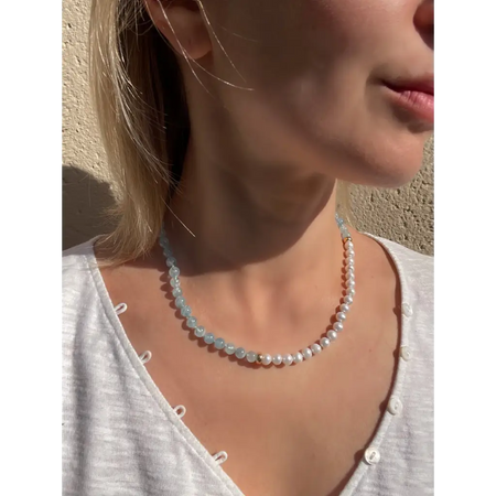 Asymmetric aquamarine and pearl beaded necklace