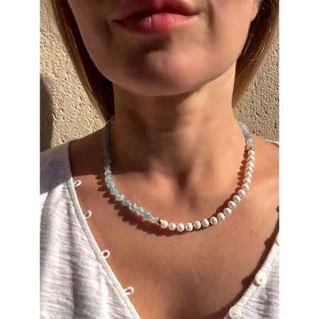 Asymmetric aquamarine and pearl beaded necklace