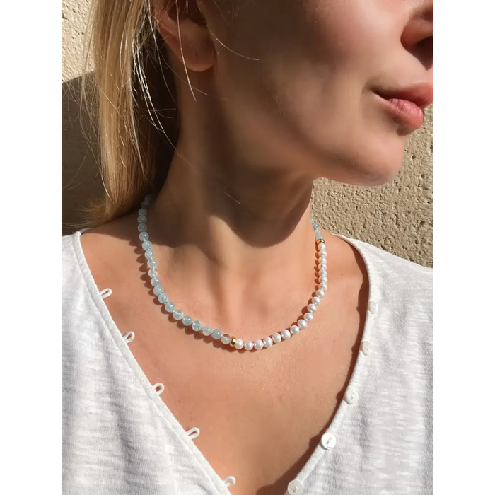 Asymmetric aquamarine and pearl beaded necklace