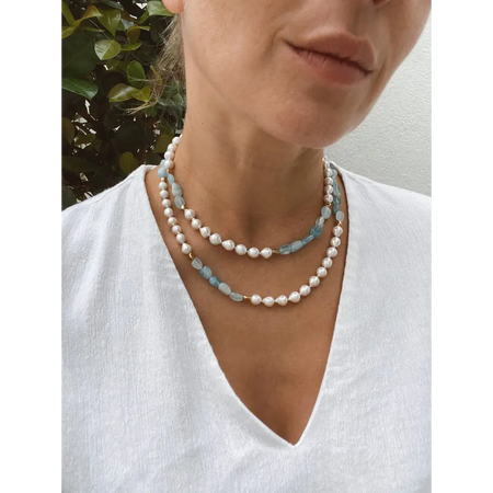 Baroque aquamarines and fresh water pearls long layered