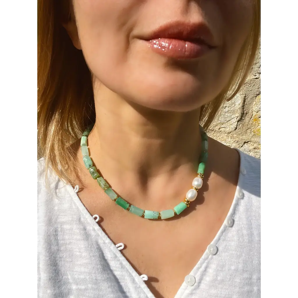 Baroque chrysoprase and pearl necklace fresh water pearls