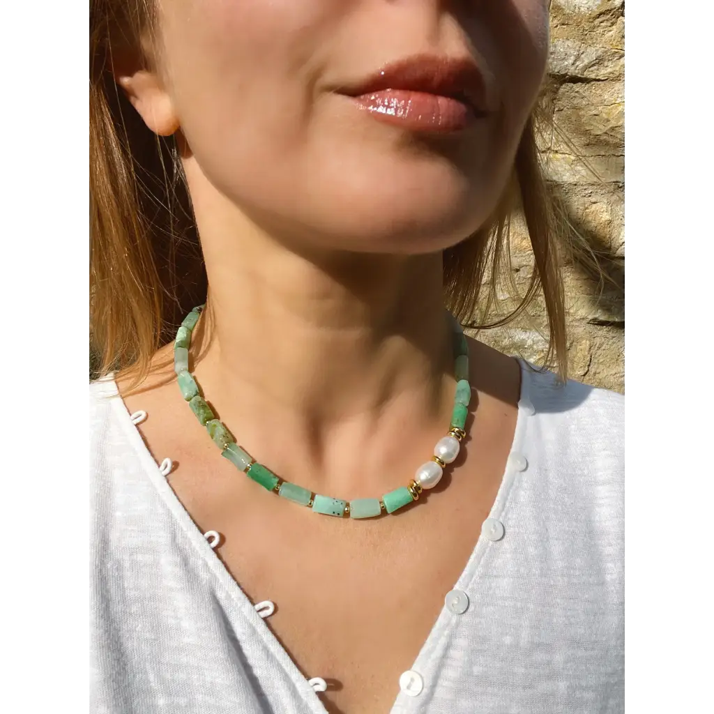 Baroque chrysoprase and pearl necklace fresh water pearls