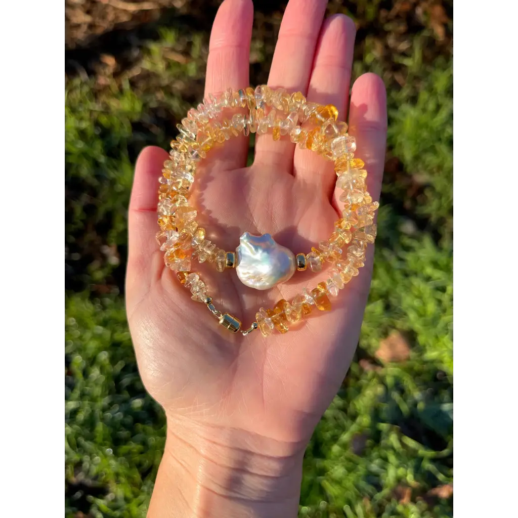 Baroque citrine and fresh water pearl necklace magnetic