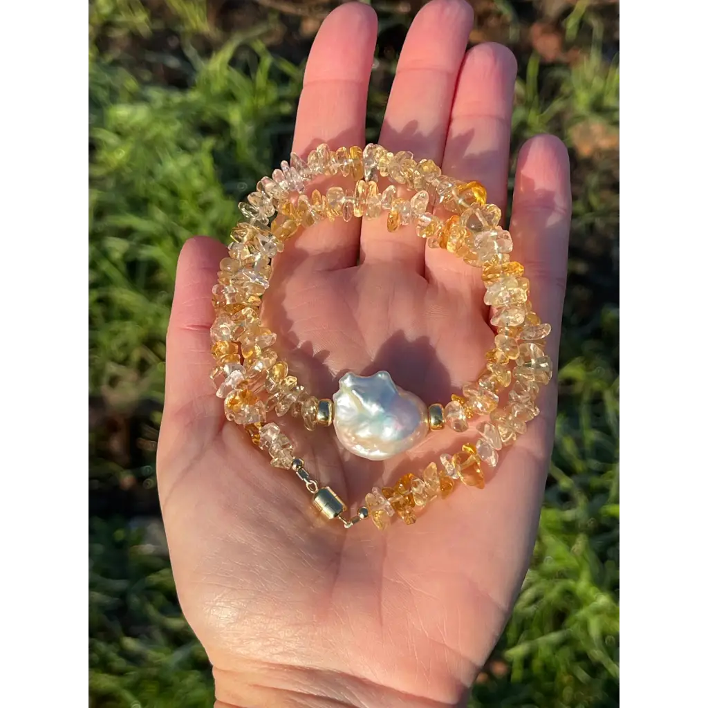 Baroque citrine and fresh water pearl necklace magnetic