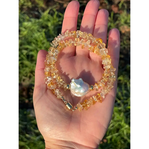 Baroque citrine and fresh water pearl necklace magnetic