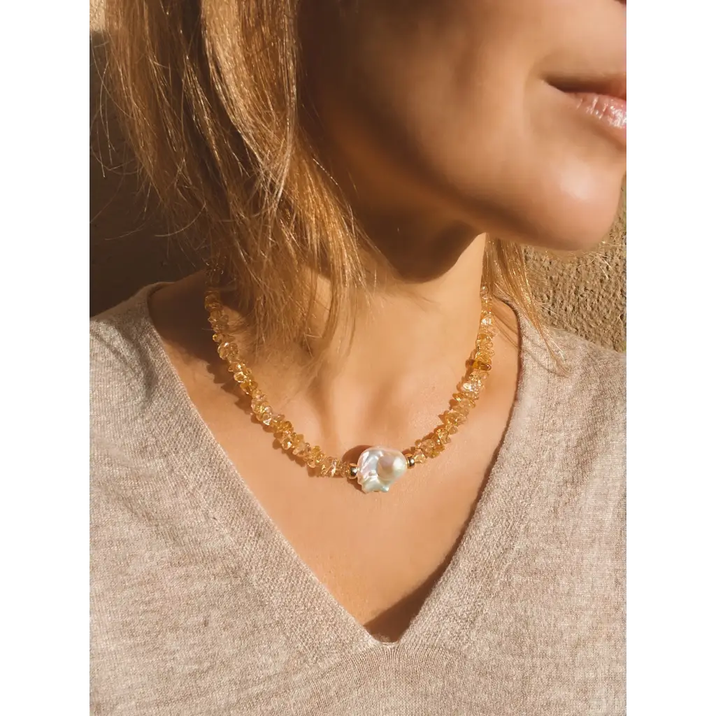 Baroque citrine and fresh water pearl necklace magnetic