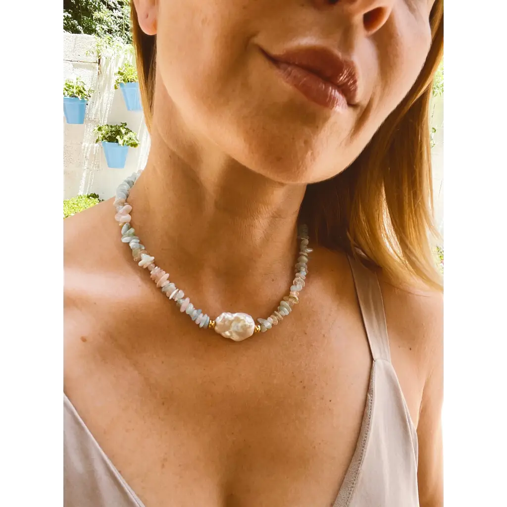 Baroque morganite and aquamarine chips necklaces with fresh
