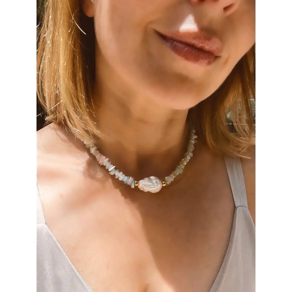 Baroque morganite and aquamarine chips necklaces with fresh