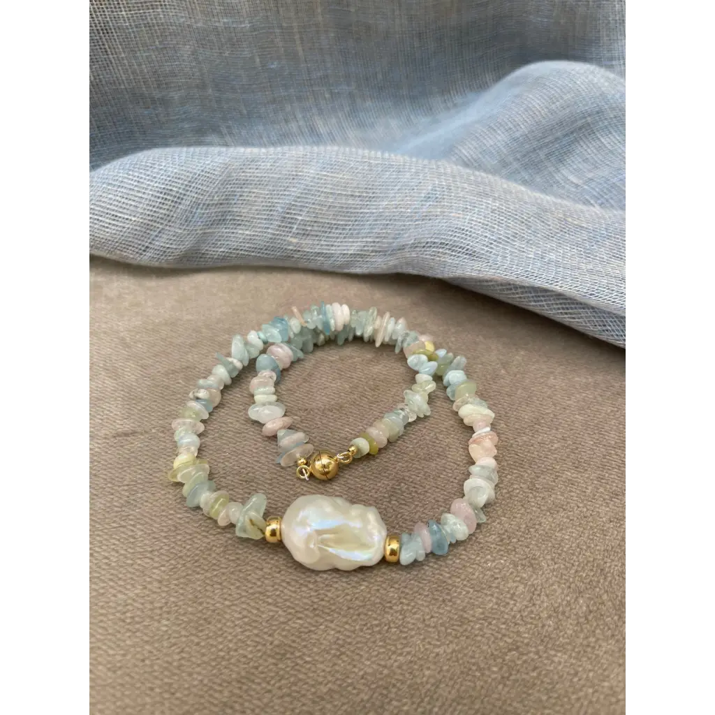 Baroque morganite and aquamarine chips necklaces with fresh