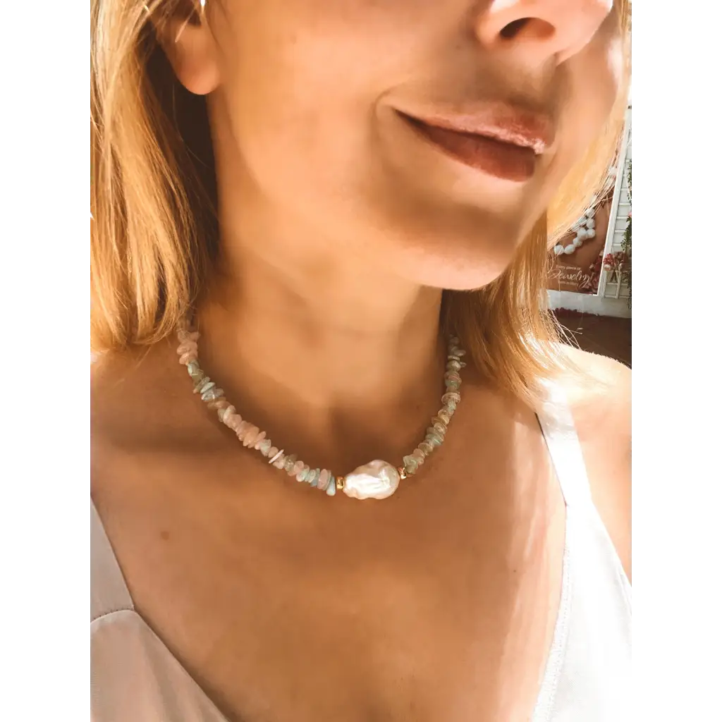 Baroque morganite and aquamarine chips necklaces with fresh