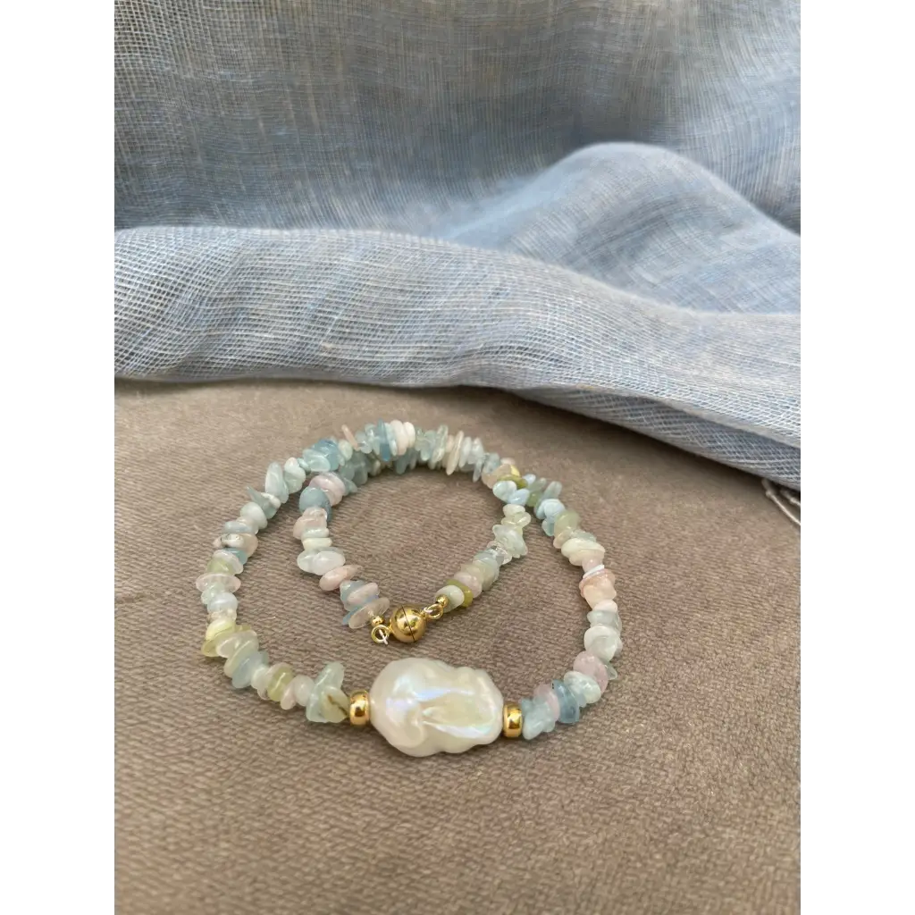 Baroque morganite and aquamarine chips necklaces with fresh