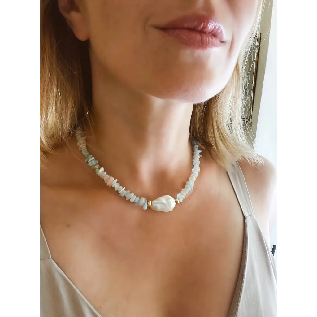Baroque morganite and aquamarine chips necklaces with fresh