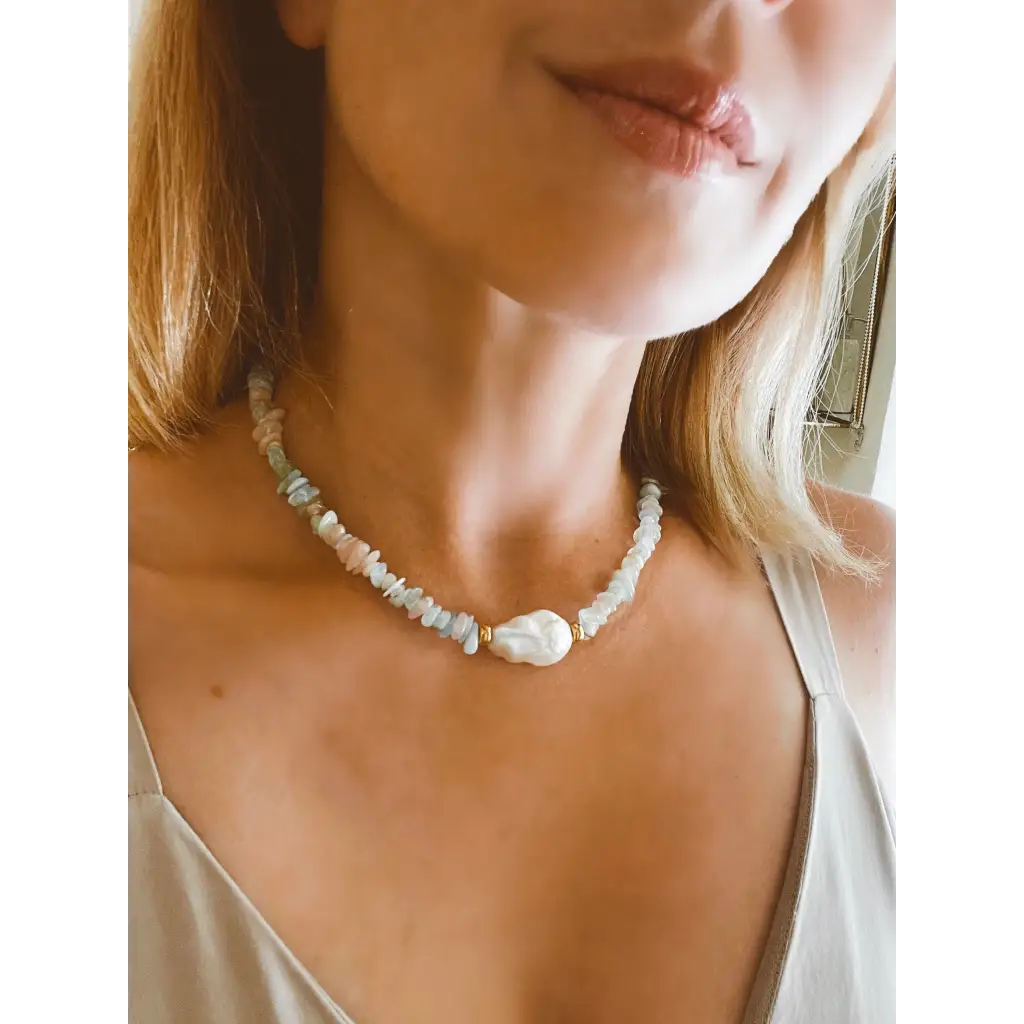 Baroque morganite and aquamarine chips necklaces with fresh
