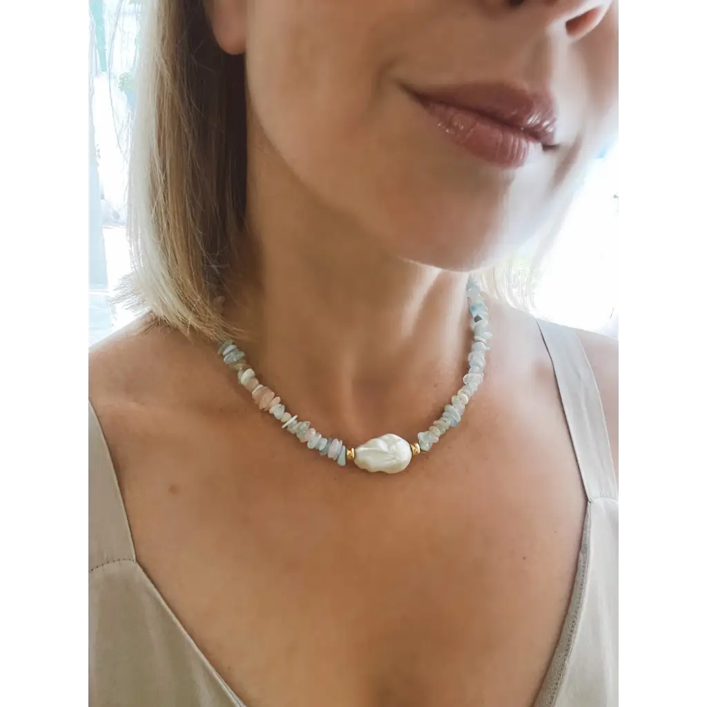 Baroque morganite and aquamarine chips necklaces with fresh