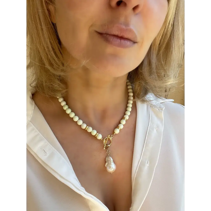 Baroque pearl and lemon chrysoprase beaded necklace
