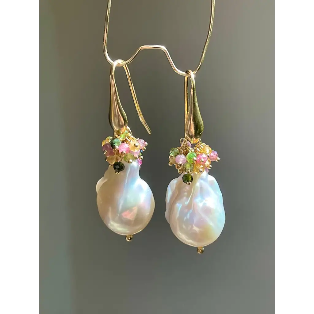Baroque pearl and multi tourmaline earrings gemstone cluster