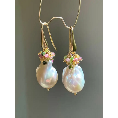 Baroque pearl and multi tourmaline earrings gemstone cluster