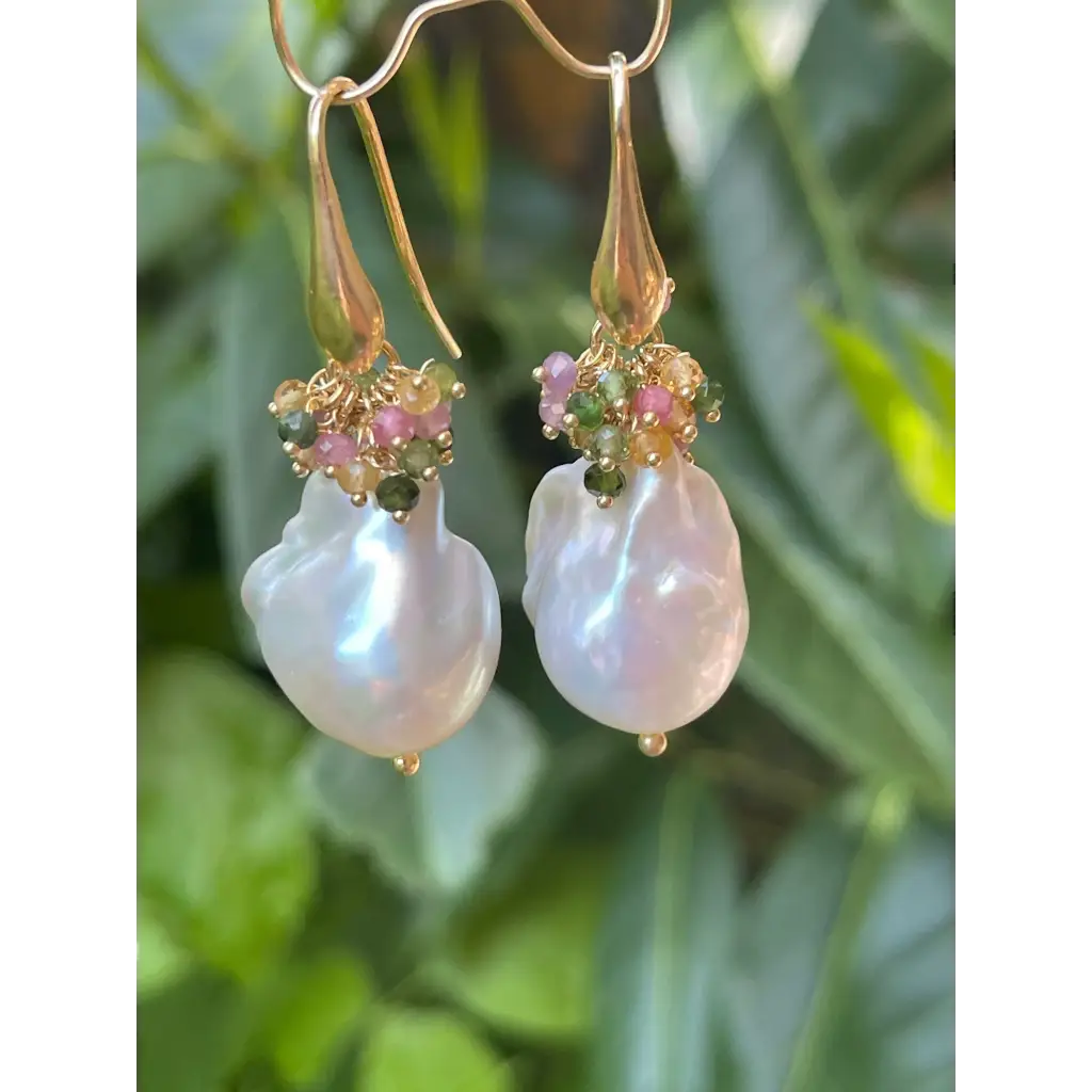 Baroque pearl and multi tourmaline earrings gemstone cluster