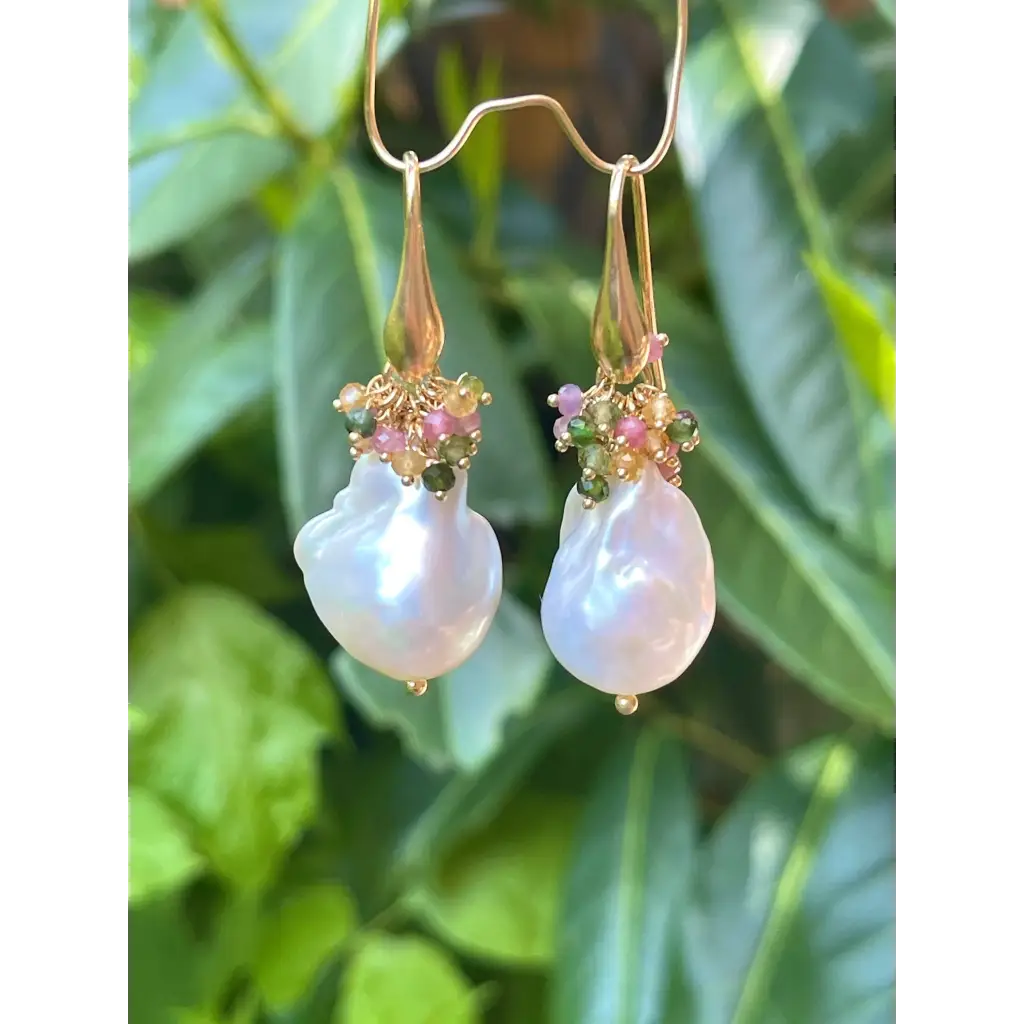 Baroque pearl and multi tourmaline earrings gemstone cluster