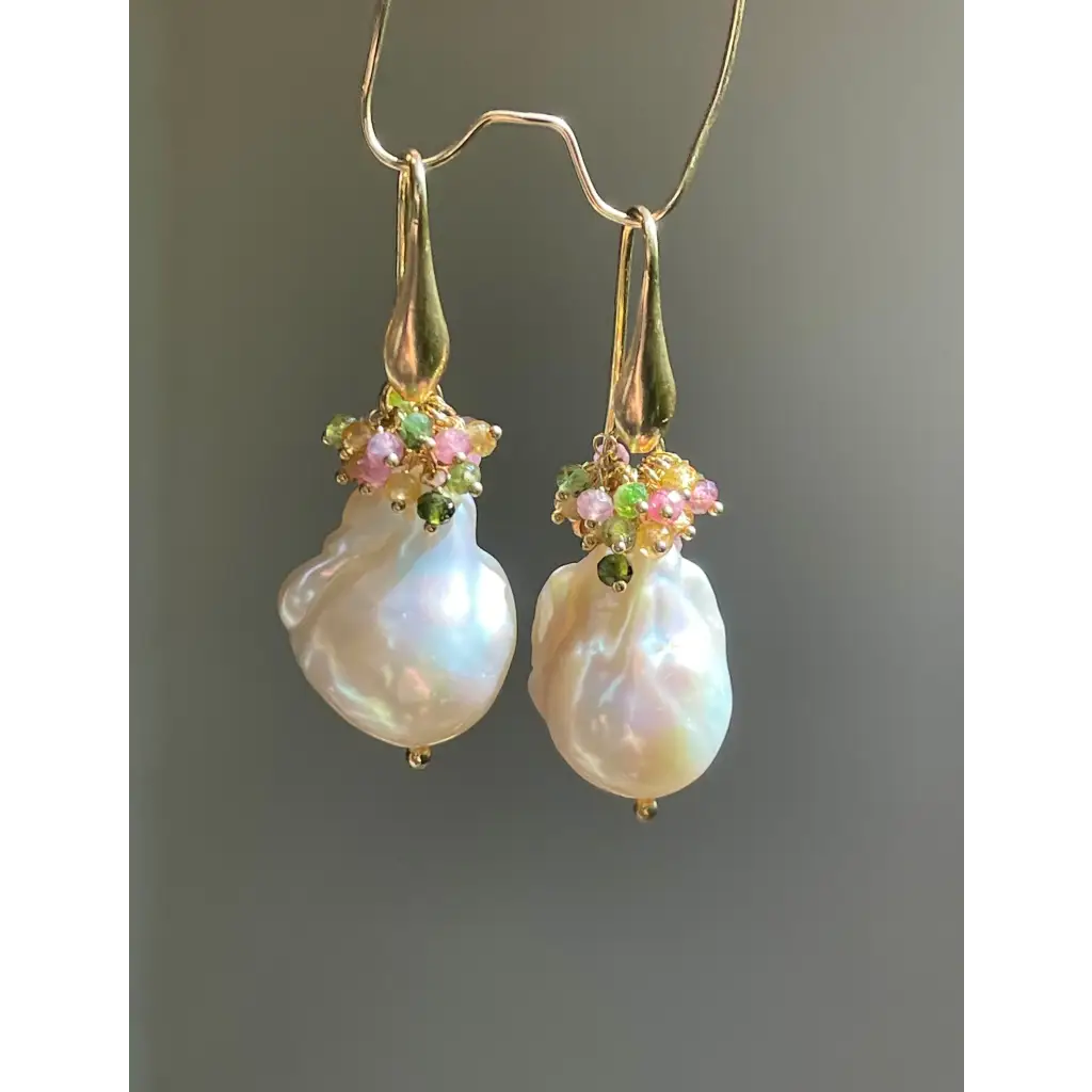 Baroque pearl and multi tourmaline earrings gemstone cluster