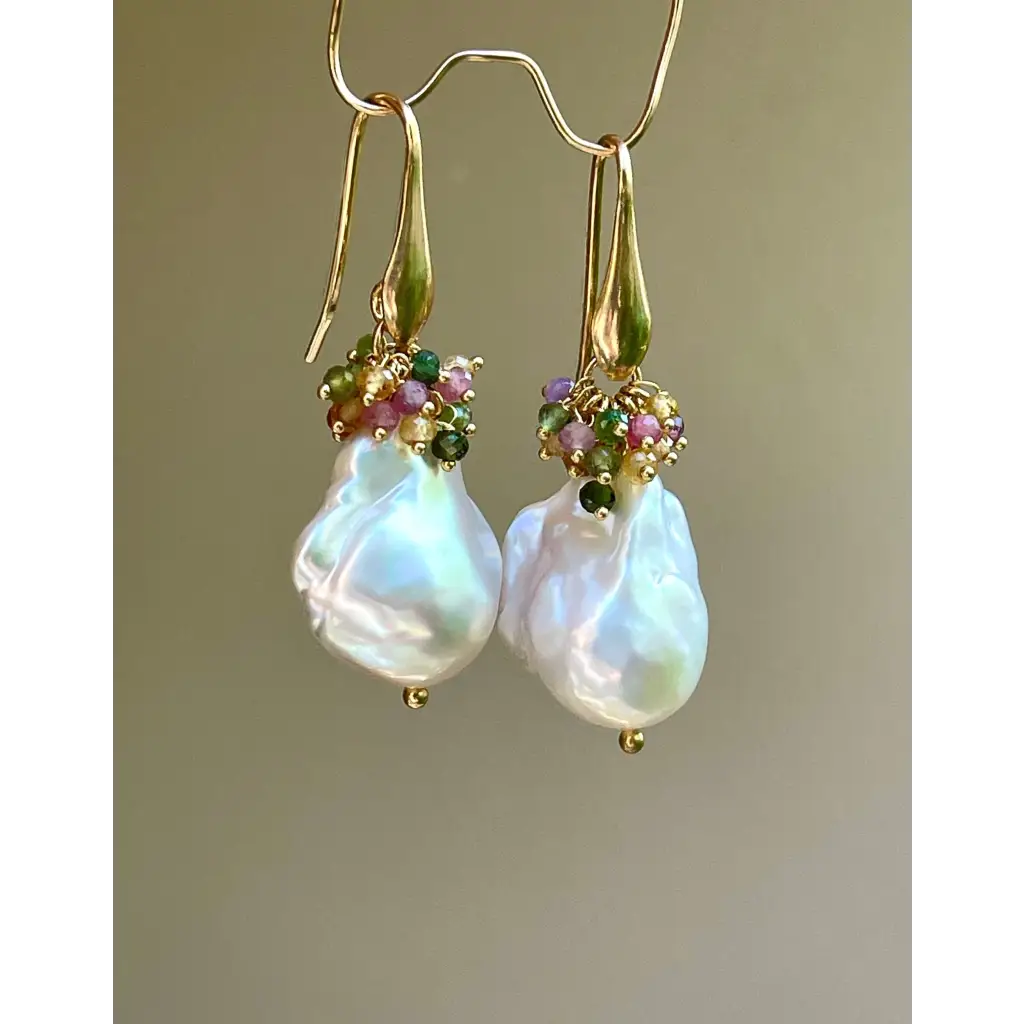 Baroque pearl and multi tourmaline earrings gemstone cluster