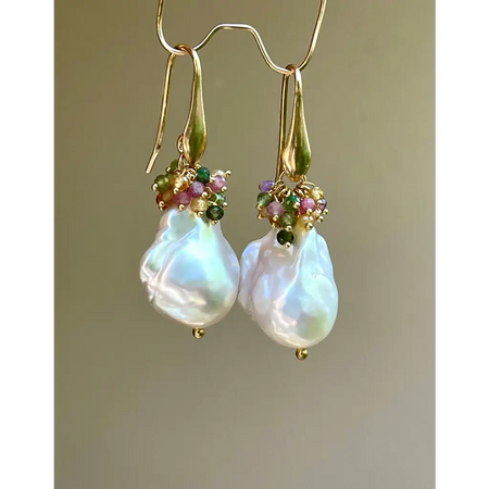 Baroque pearl and multi tourmaline earrings gemstone cluster