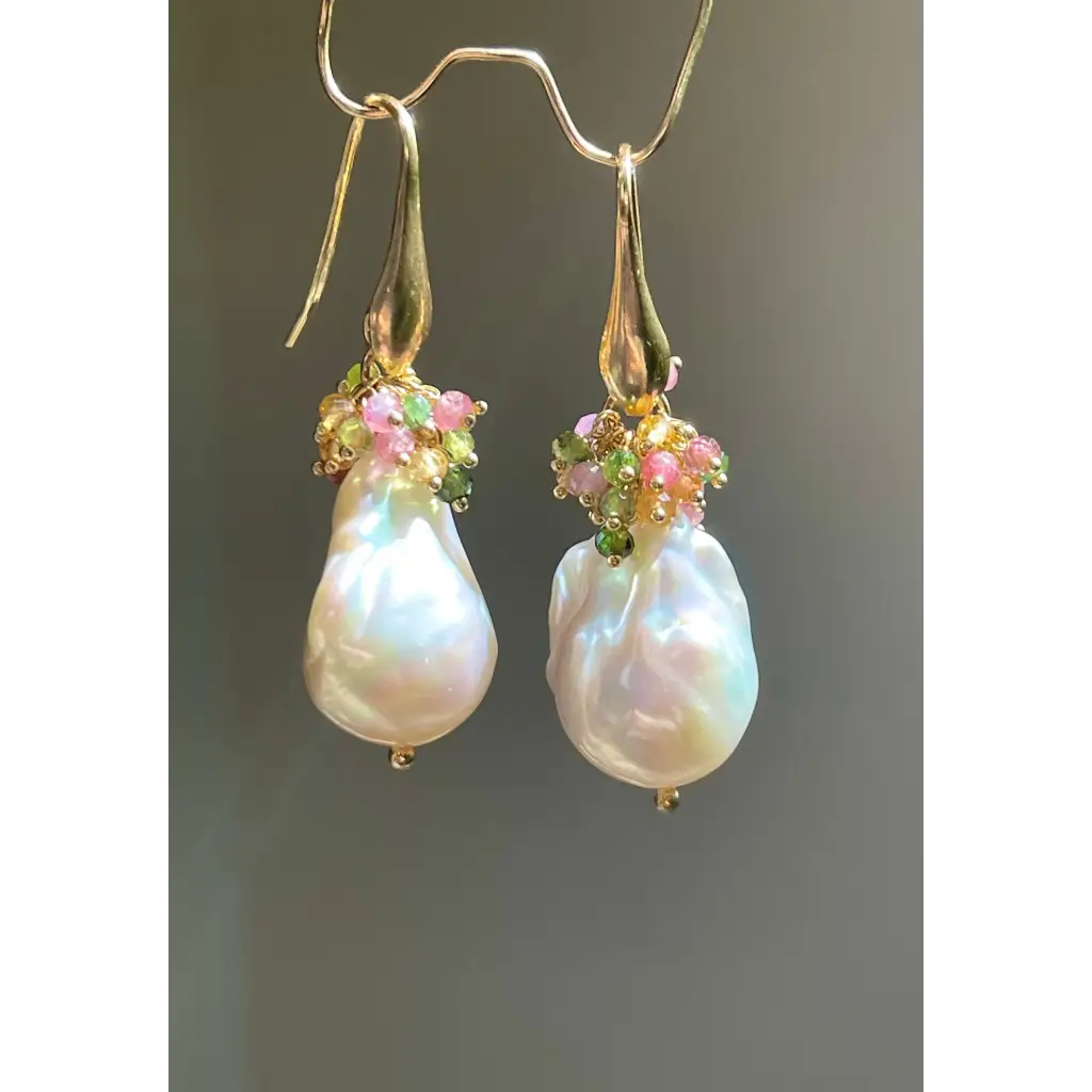 Baroque pearl and multi tourmaline earrings gemstone cluster