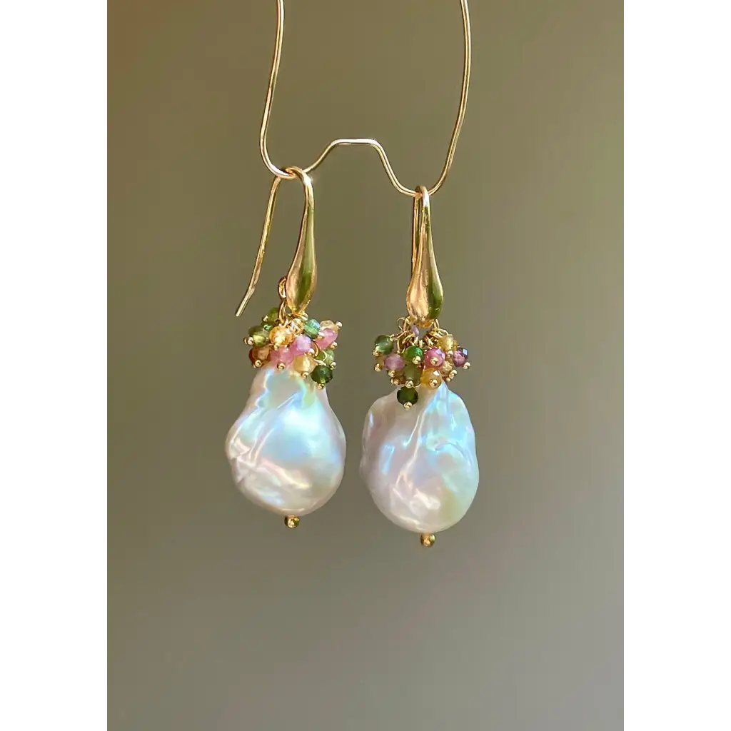 Baroque pearl and multi tourmaline earrings gemstone cluster