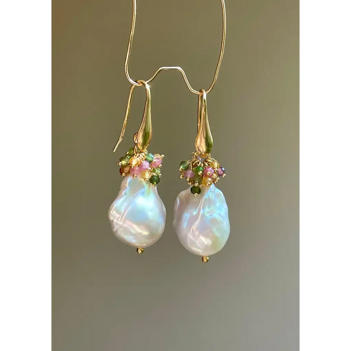 Baroque pearl and multi tourmaline earrings gemstone cluster