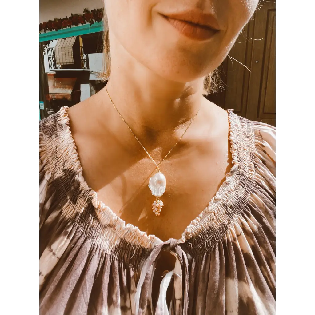Baroque pearl and pink opal pendant on chain gold filled