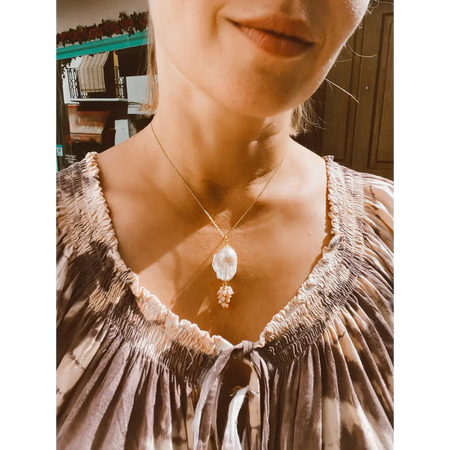 Baroque pearl and pink opal pendant on chain gold filled