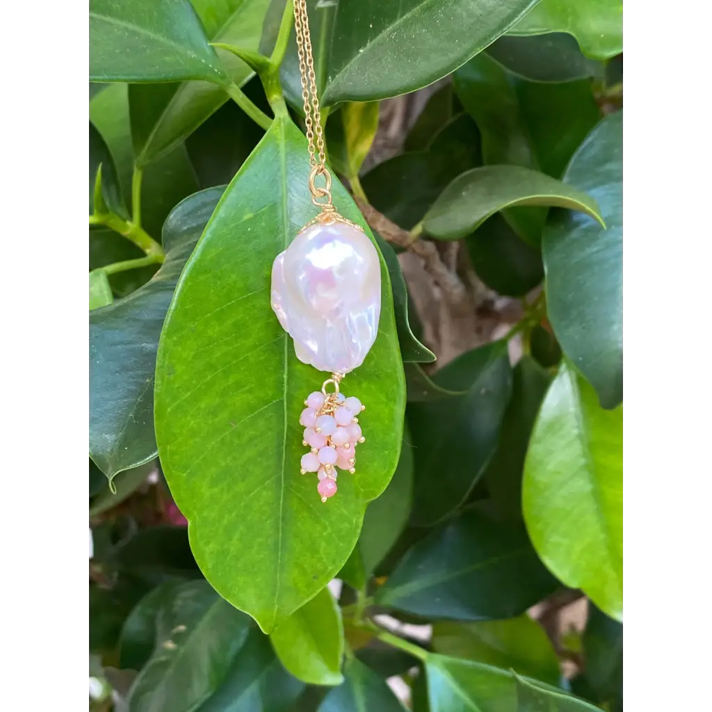 Baroque pearl and pink opal pendant on chain gold filled