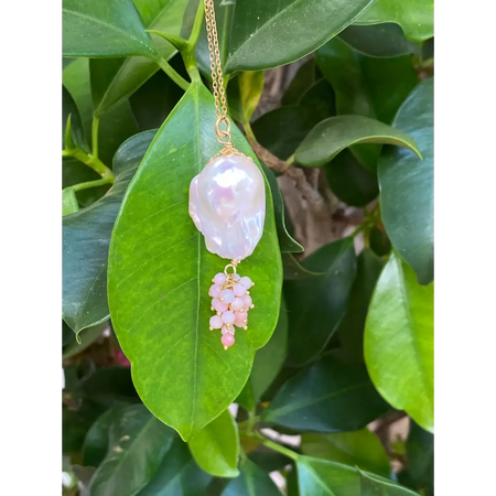 Baroque pearl and pink opal pendant on chain gold filled