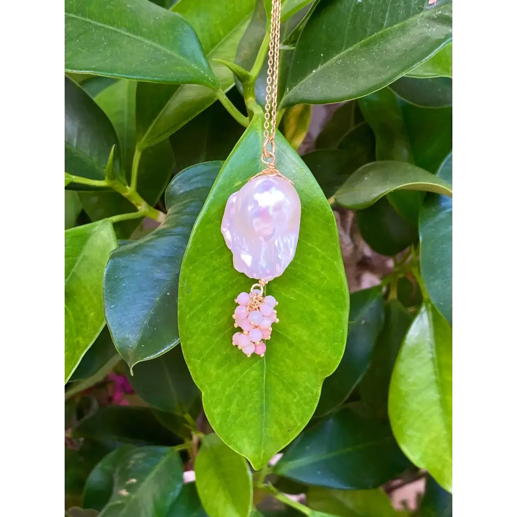 Baroque pearl and pink opal pendant on chain gold filled