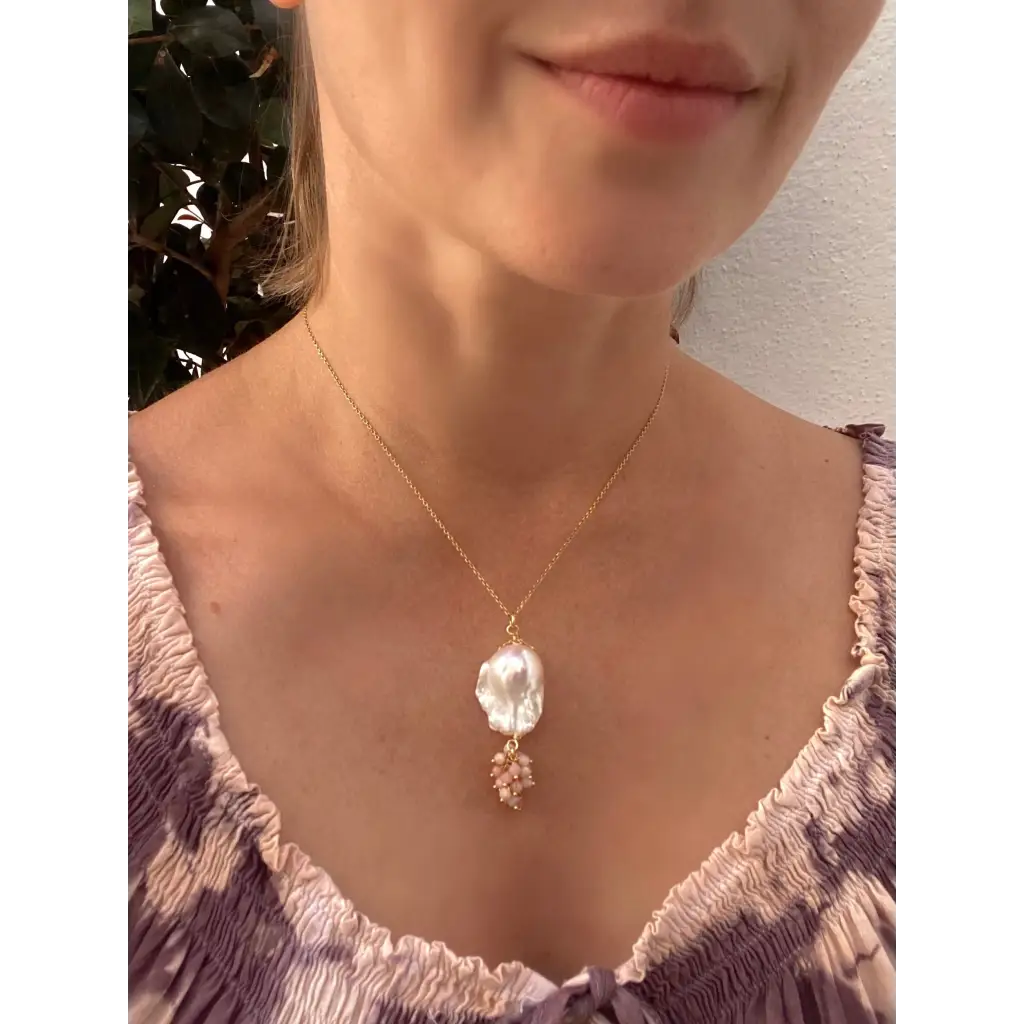 Baroque pearl and pink opal pendant on chain gold filled