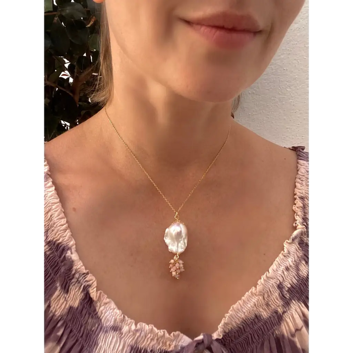 Baroque pearl and pink opal pendant on chain gold filled