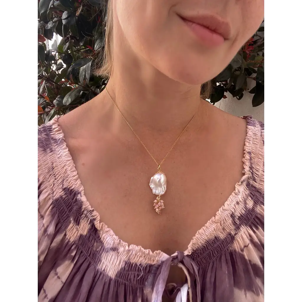 Baroque pearl and pink opal pendant on chain gold filled