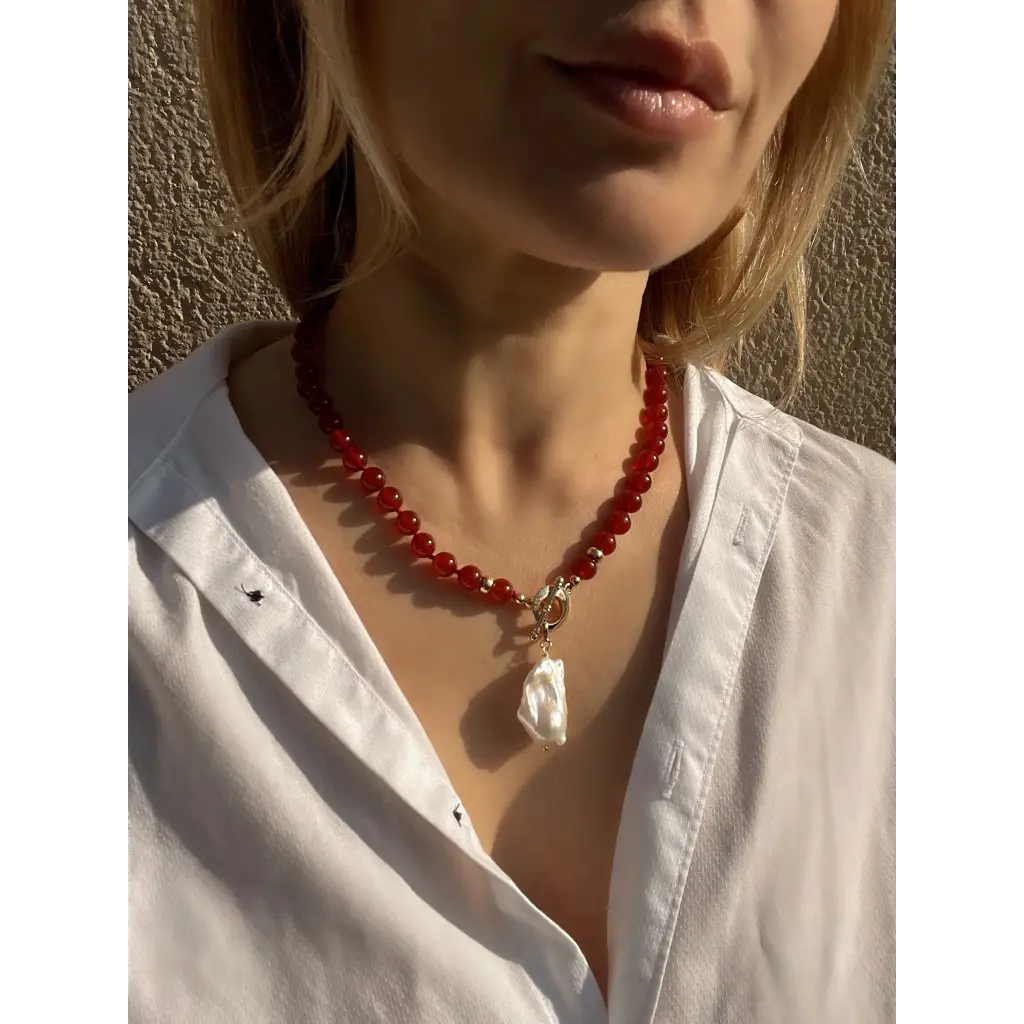 Baroque pearl and red agate beaded necklace boho jewelry