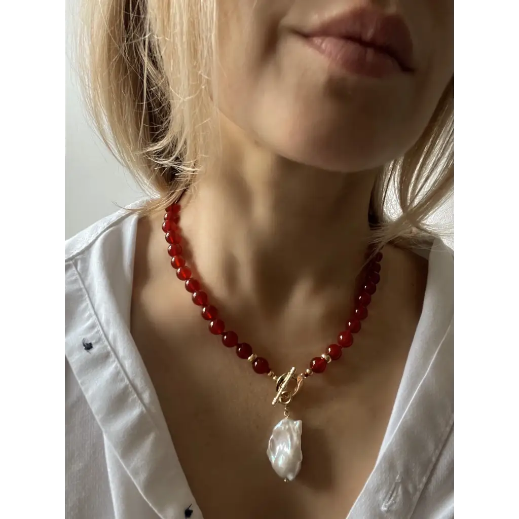 Baroque pearl and red agate beaded necklace boho jewelry